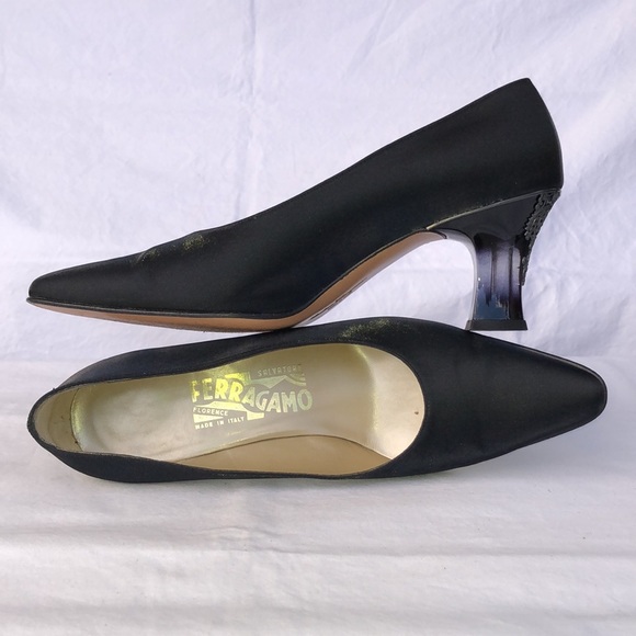 Salvatore Ferragamo “Boemia,” Black Silk Like Fabric, 2.75” Lucite Heel w/Lace - Picture 14 of 16